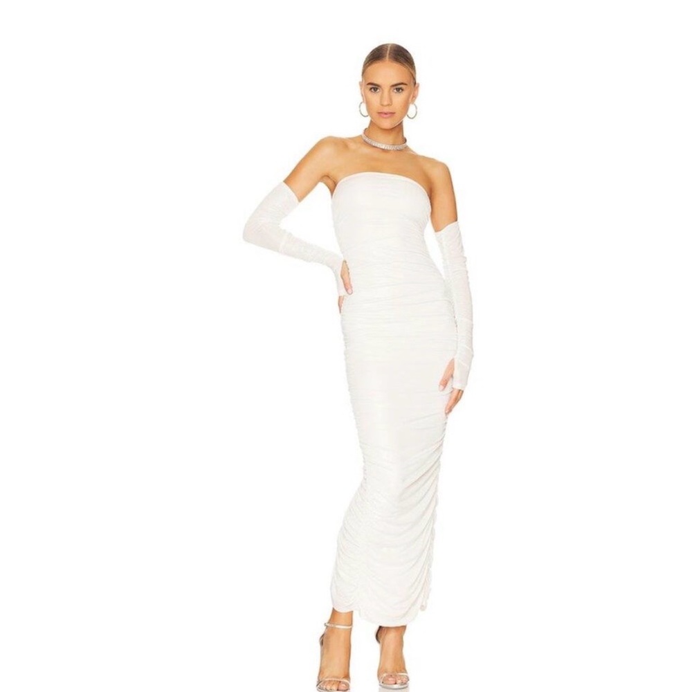 Women’s Strapless White Ruched Maxi Dress